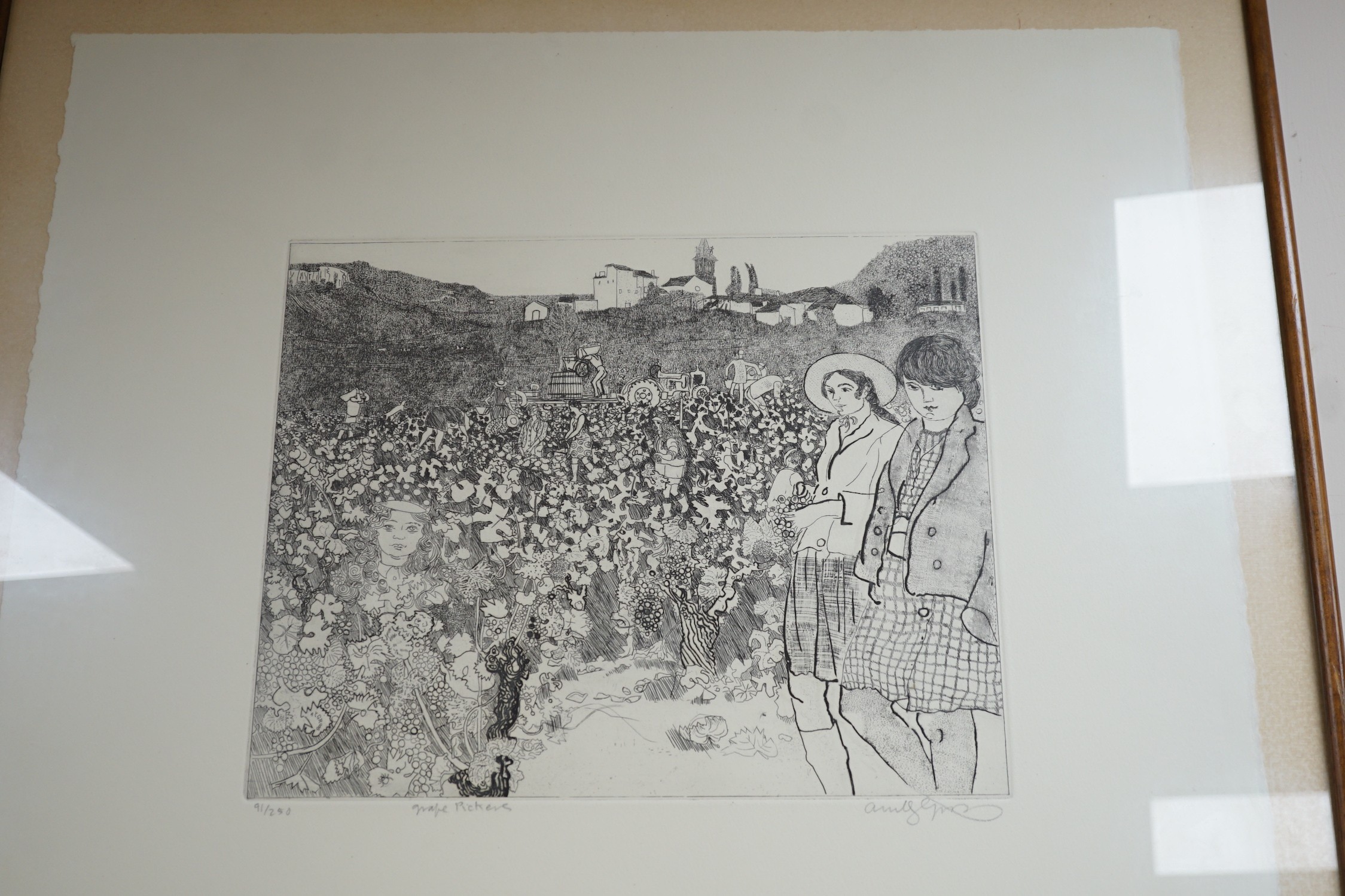 Anthony Gross (1905-1984), drypoint etching, 'Grape pickers', signed in pencil, 91/250, 28 x 35cm